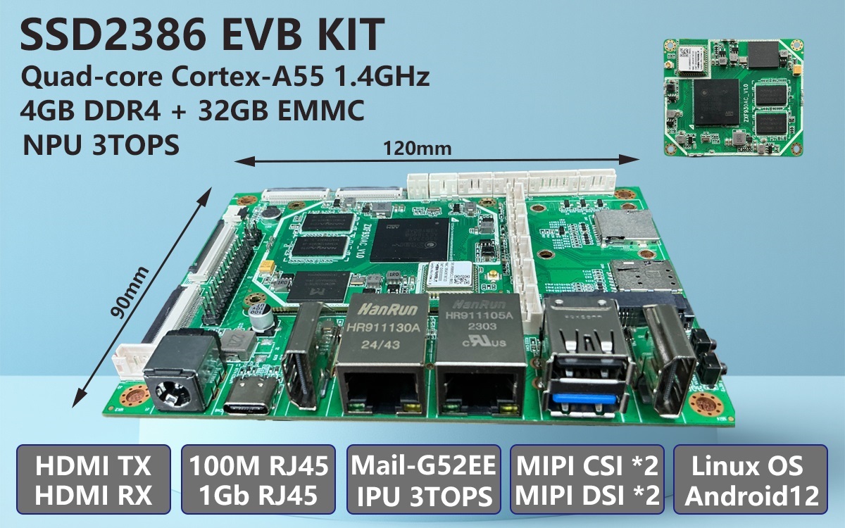 SSD2386开发板套件|4核Cortex-A55，3TOPS IPU算力，HDMI-Rx高清输入与音视频编解码，支持Android系统，加速AI演算与多媒体终端开发